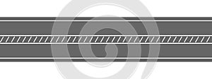 Empty straight road top view. Highway marking with diagonal stripes. Seamless horizontal roadway template isolated on