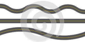 Empty straight and winding asphalt roads with marking. Horizontal top view. Seamless highway templates isolated on white