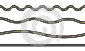 Empty straight and winding asphalt roads with marking. Seamless highway templates. Elements of street roadway isolated