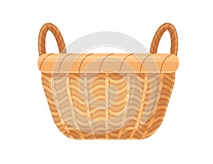 Empty straw basket with two handles. Realistic traditional wicker. Woven basketwork. Bamboo basketry for storage and