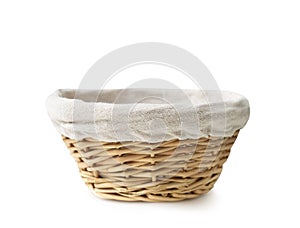 Empty straw basket,wicker round shape isolated on white