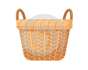 Empty straw wicker basket with handles. Woven braided basketwork without lid. Realistic wickerwork for home interior