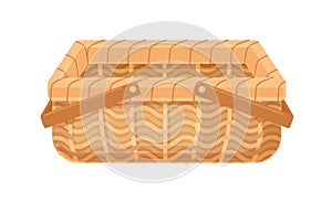 Empty straw wicker basket with handles. Woven storage container without lid. Realistic wickerwork. Colored flat vector