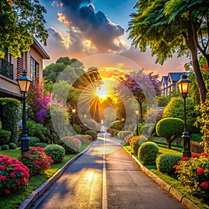 Empty street in beautiful garden during sunrise photo