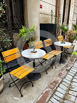 Empty street cafe in Galata district, Istanbul