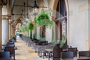 Empty street cafe, located in the arch of shopping arcades in th