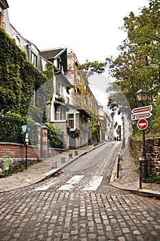 An empty street and a famous buildings in Montmartre, Paris