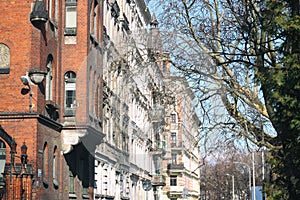 Empty street of the old town. facade of old historic buildings