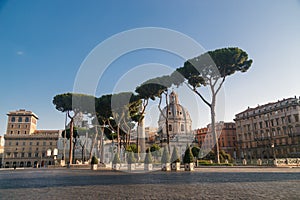 Empty street in Rome near Trajan`s Column and the Church of the Most Holy Name of Mary at the Trajan Forum