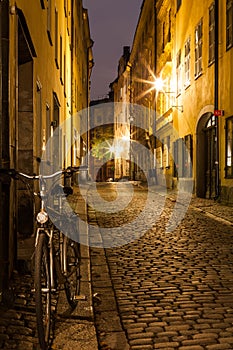 Empty street in Stockholm Old town at night.