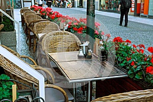 Empty street terrace in a cafe in the city center.