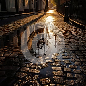 Empty street with wet path after rain and shadows on sidewalk.