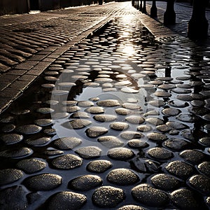 Empty street with wet path after rain and shadows on sidewalk.