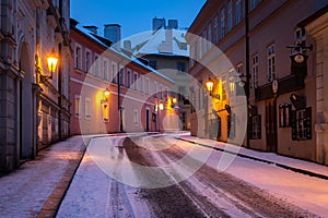 Empty street in winter Prague, Czech Republic