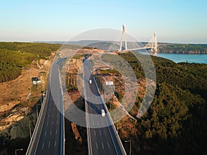 Empty streets amid coronavirus total lockdown in the Mega City. Aerial of Yavuz Sultan Selim Bridge, Istanbul. One of the longest