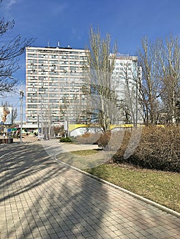 Empty streets of a big city. Soviet high-rise buildings. City environment. Accomplishment.