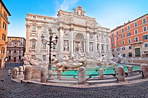 Empty streets of Rome. Majestic Trevi fountain in Rome street view