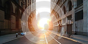 Empty streets and sidewalks in New York City during the 2020 coronavirus pandemic lockdown with no people and sunset background