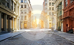 Empty streets and sidewalks of Soho are eerily quiet during the 2020 coronavirus pandemic lockdown in New York City with no people