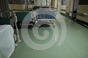 Empty stretchers on the hospital corridor