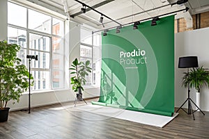 Empty studio green wall backdrop photo