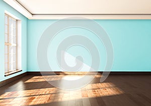 An empty Studio with window and blue wall color. 3d rendering