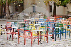 Empty stylish street cafes on square of city Trebinje, Republika Srpska, Bosnia and Herzegovina, are ready for the tourist season