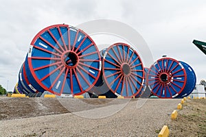 Empty subsea umbilical cable reels ready for reloading