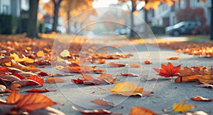 Empty suburban street covered with fallen leaves in autumn photo