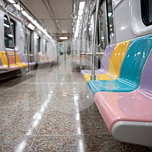 Empty subway train with colorful seats