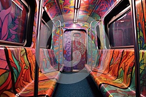 empty subway train seats with colorful patterns