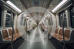 Interior of empty subway train wagon. Public transport. Generative AI