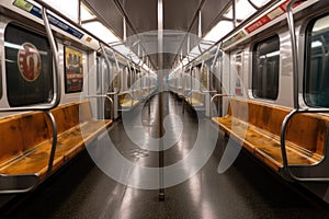 Interior of empty subway train wagon. Public transport. Generative AI