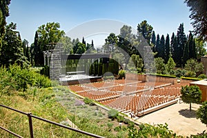 Empty summer theater concert auditorium hall without people at Generalife Gardens, Alhambra, Granada, Spain