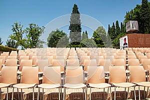 Empty summer theater concert auditorium hall without people at Generalife Gardens, Alhambra, Granada, Spain