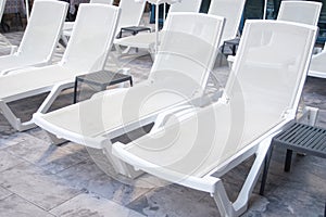 An empty sun beds in the recreation area.