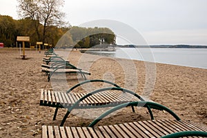 Empty sun loungers on the beach closeup