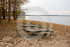 Empty sun loungers on the beach closeup