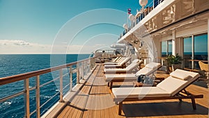 Empty sun loungers on the deck a luxury cruise ship leisure journey vacation