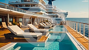 Empty sun loungers on the deck a luxury cruise ship relaxation journey vacation