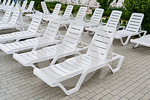 Empty sun loungers in the resort area by the pool. Background with copy space for text