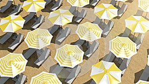 Empty sunbeds and colorful umbrellas on the beach