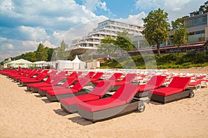 Empty sunbeds in a row on the sand beach