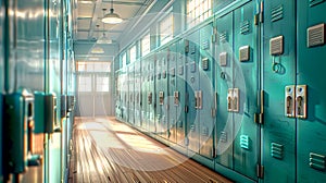 Empty Sunlit School Corridor with Rows of Blue Lockers. Quiet Educational Ambience. High School Hallway During Off Hours photo