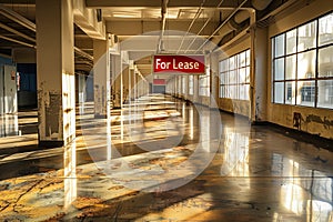 Empty sunlit space with For Lease sign
