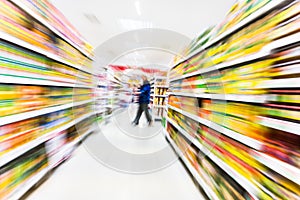 Empty supermarket aisle,motion blur