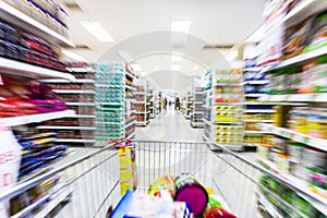 Empty supermarket aisle,motion blur