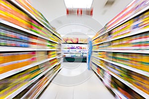 Empty supermarket aisle,motion blur