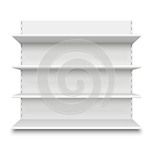 Empty supermarket shelf. Retail store white blank shelves for merchandise. Isolated shelving stand vector illustration