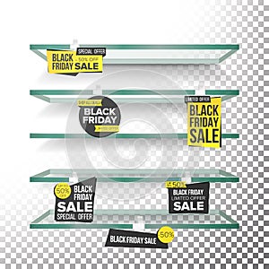 Empty Supermarket Shelves, Black Friday Sale Wobblers Vector. Price Tag Labels. Black Friday Selling Card. Discount